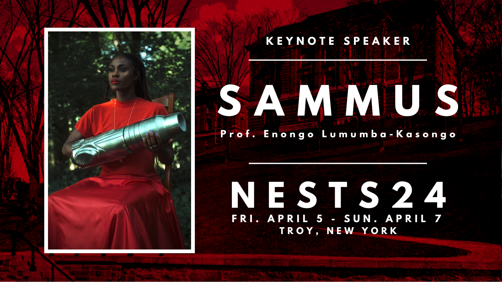 A photo of Dr. Enongo Lumumba-Kasongo (or SAMMUS) in a red dress holding with a silver arm cannon.